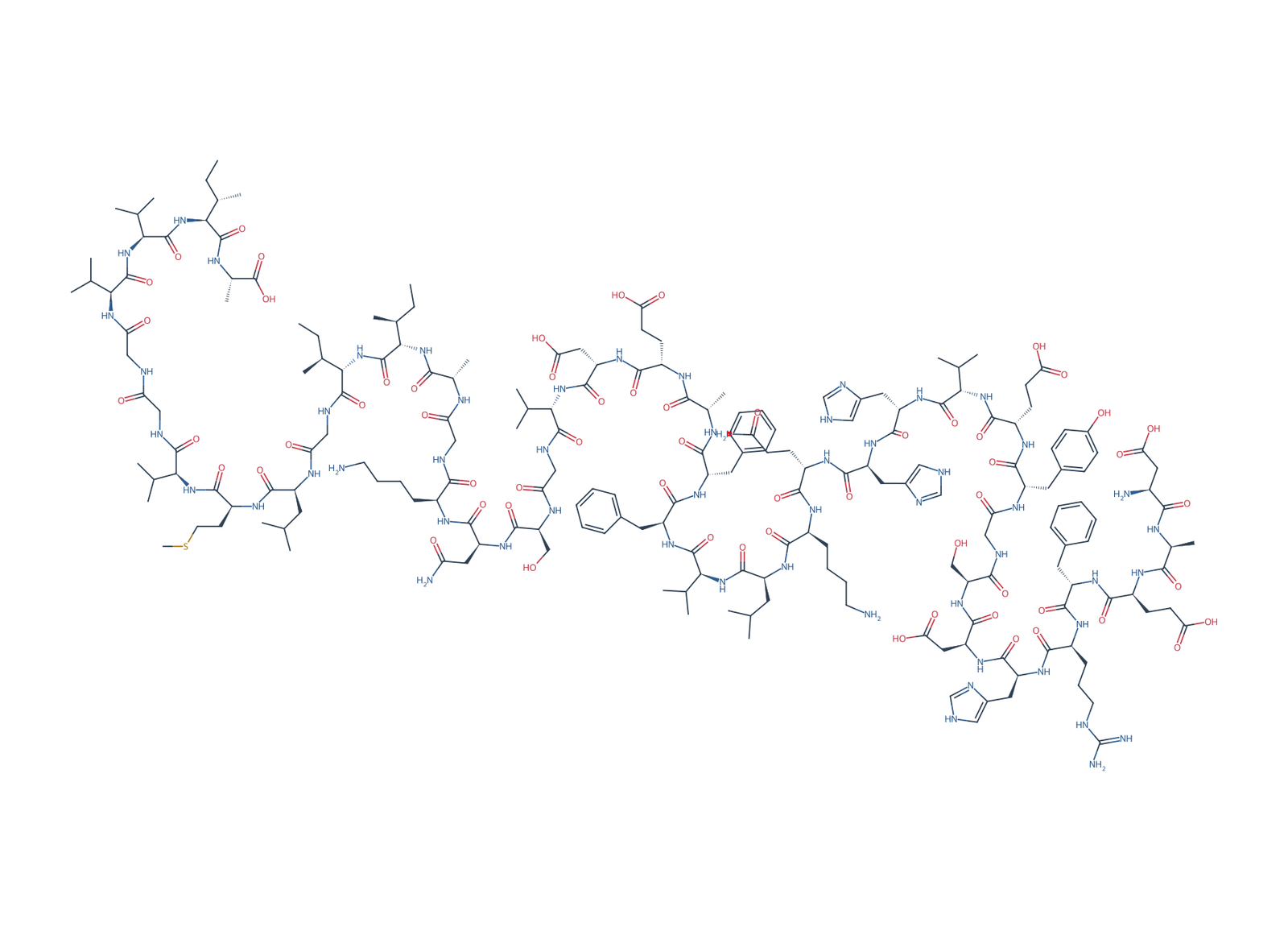 Sequence-derived 2D chemical structure of Beta-Amyloid (1–42), 42 amino-acid residues.