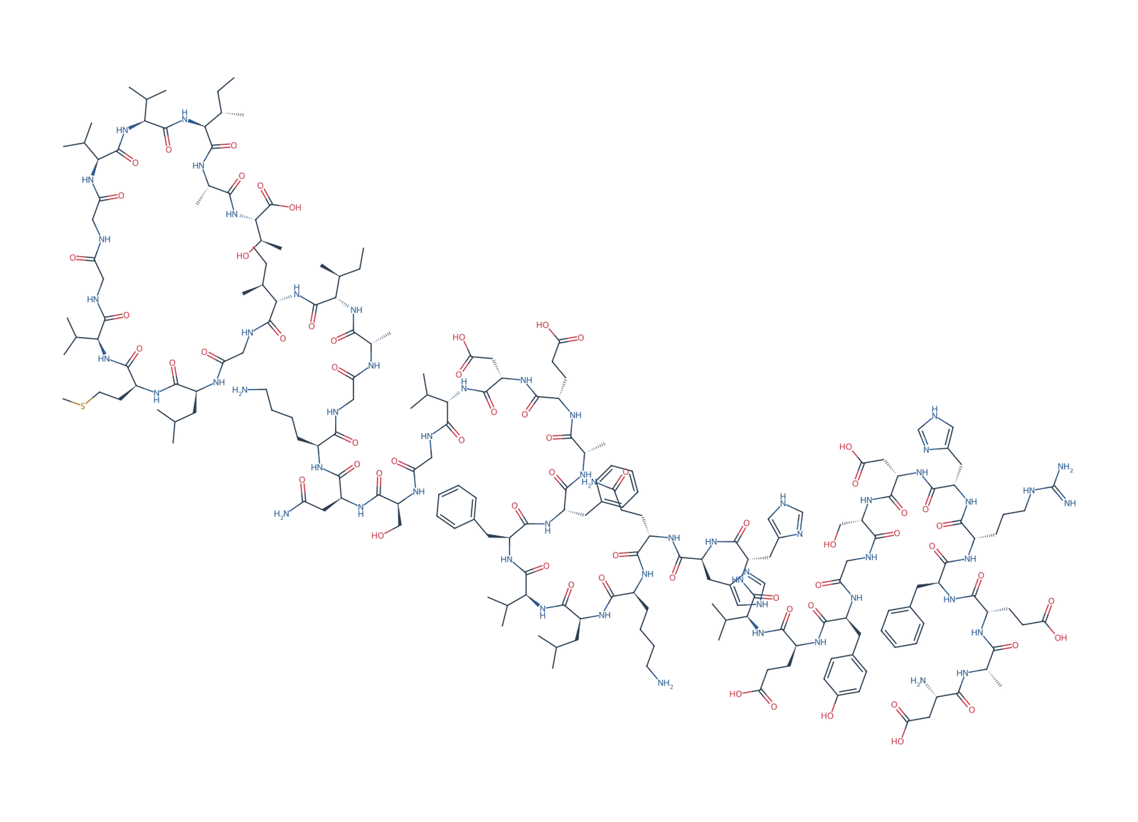 Sequence-derived 2D chemical structure of Beta-Amyloid (1–43), 43 amino-acid residues.