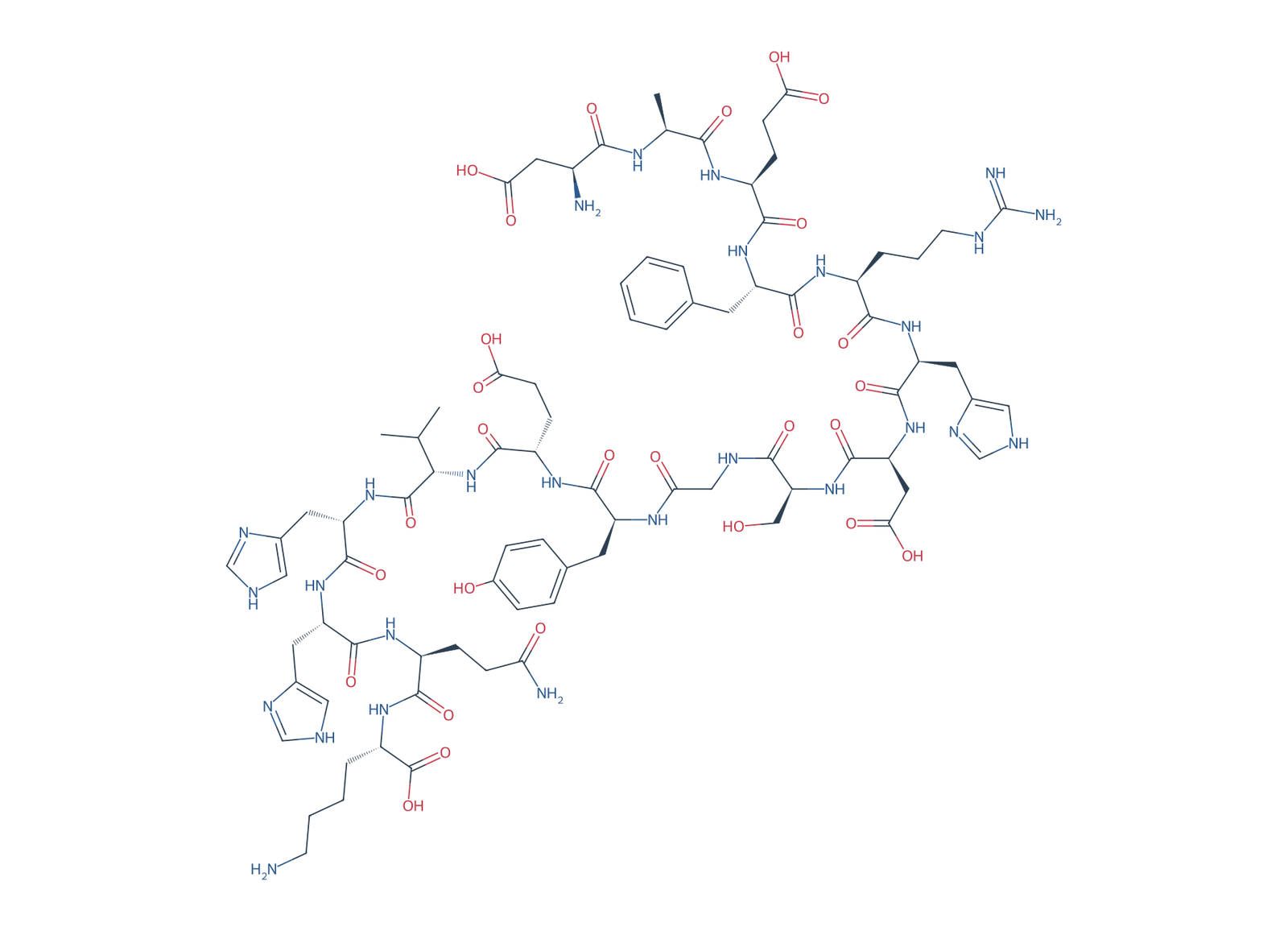 Sequence-derived 2D chemical structure of Beta-Amyloid (1–16), 16 amino-acid residues.