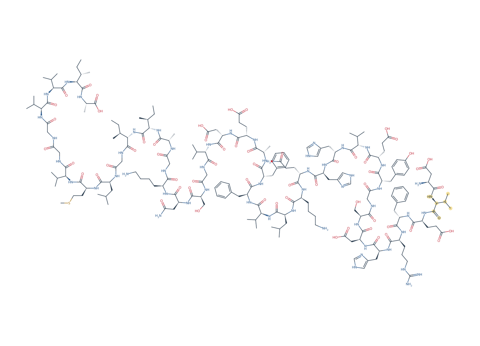 Sequence-derived 2D chemical structure of Beta-Amyloid (1–42), A2V, 42 amino-acid residues. V2 is highlighted in gold.