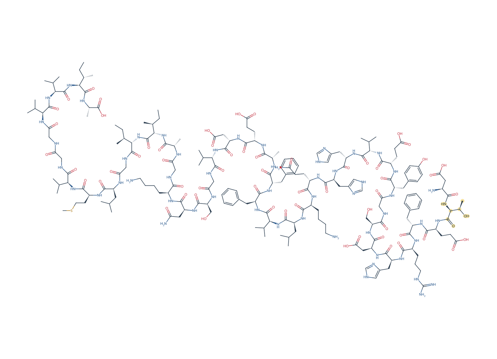 Sequence-derived 2D chemical structure of Beta-Amyloid (1–42), A2T, 42 amino-acid residues. T2 is highlighted in gold.
