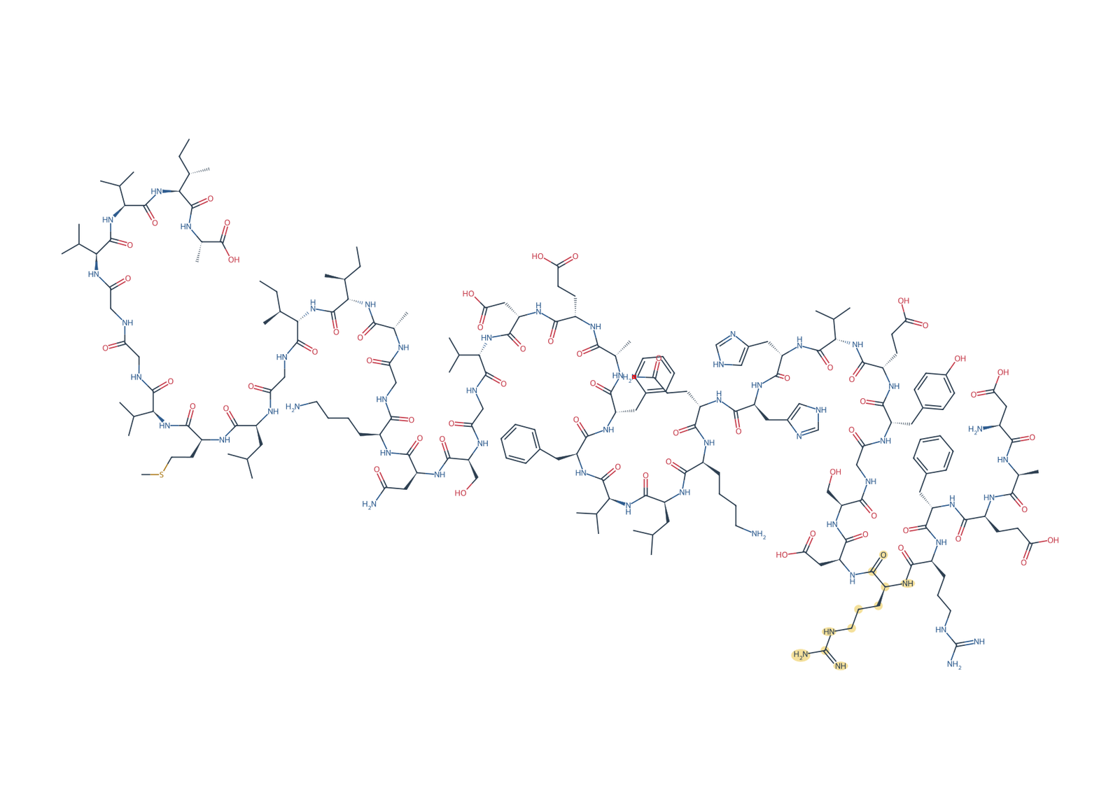 Sequence-derived 2D chemical structure of Beta-Amyloid (1–42), H6R, 42 amino-acid residues. R6 is highlighted in gold.