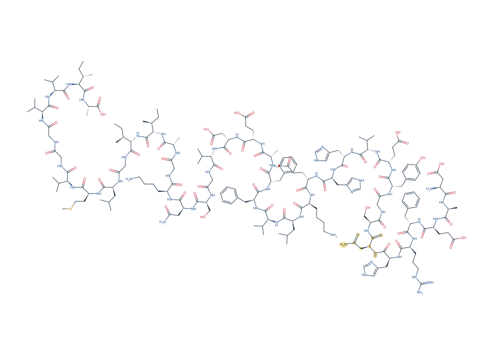 Sequence-derived 2D chemical structure of Beta-Amyloid (1–42), D7N, 42 amino-acid residues. N7 is highlighted in gold.