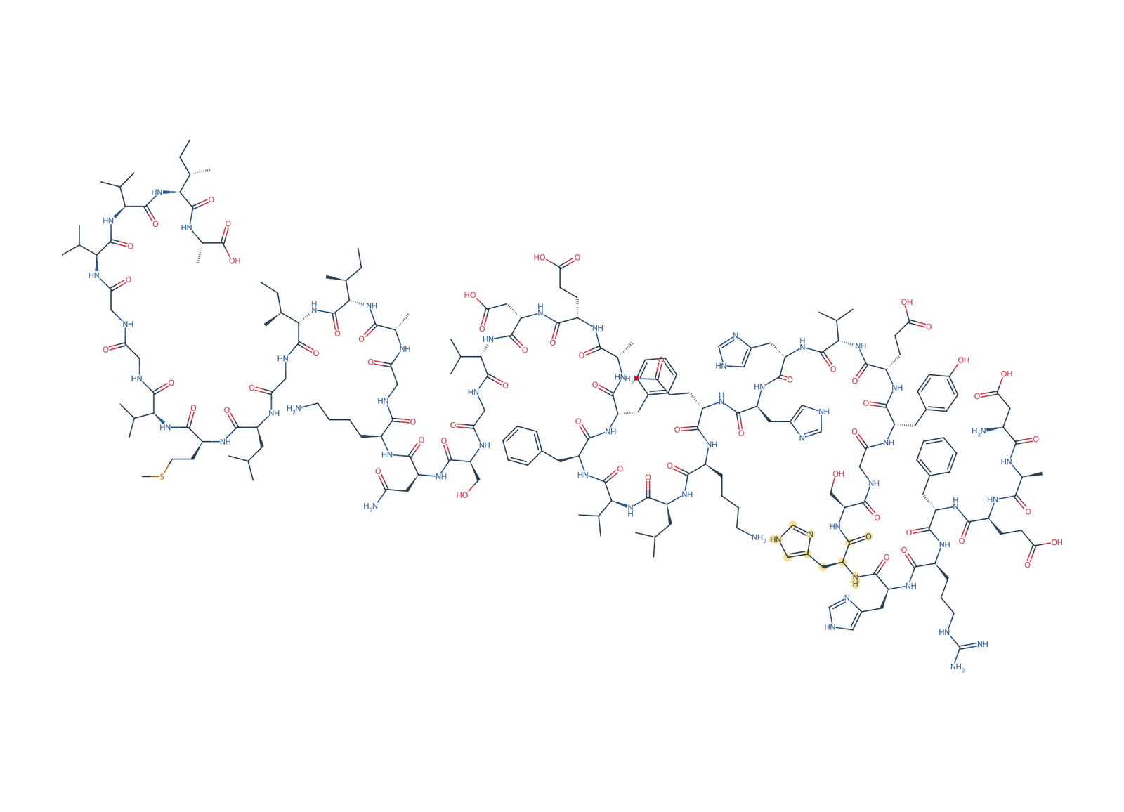 Sequence-derived 2D chemical structure of Beta-Amyloid (1–42), D7H, 42 amino-acid residues. H7 is highlighted in gold.