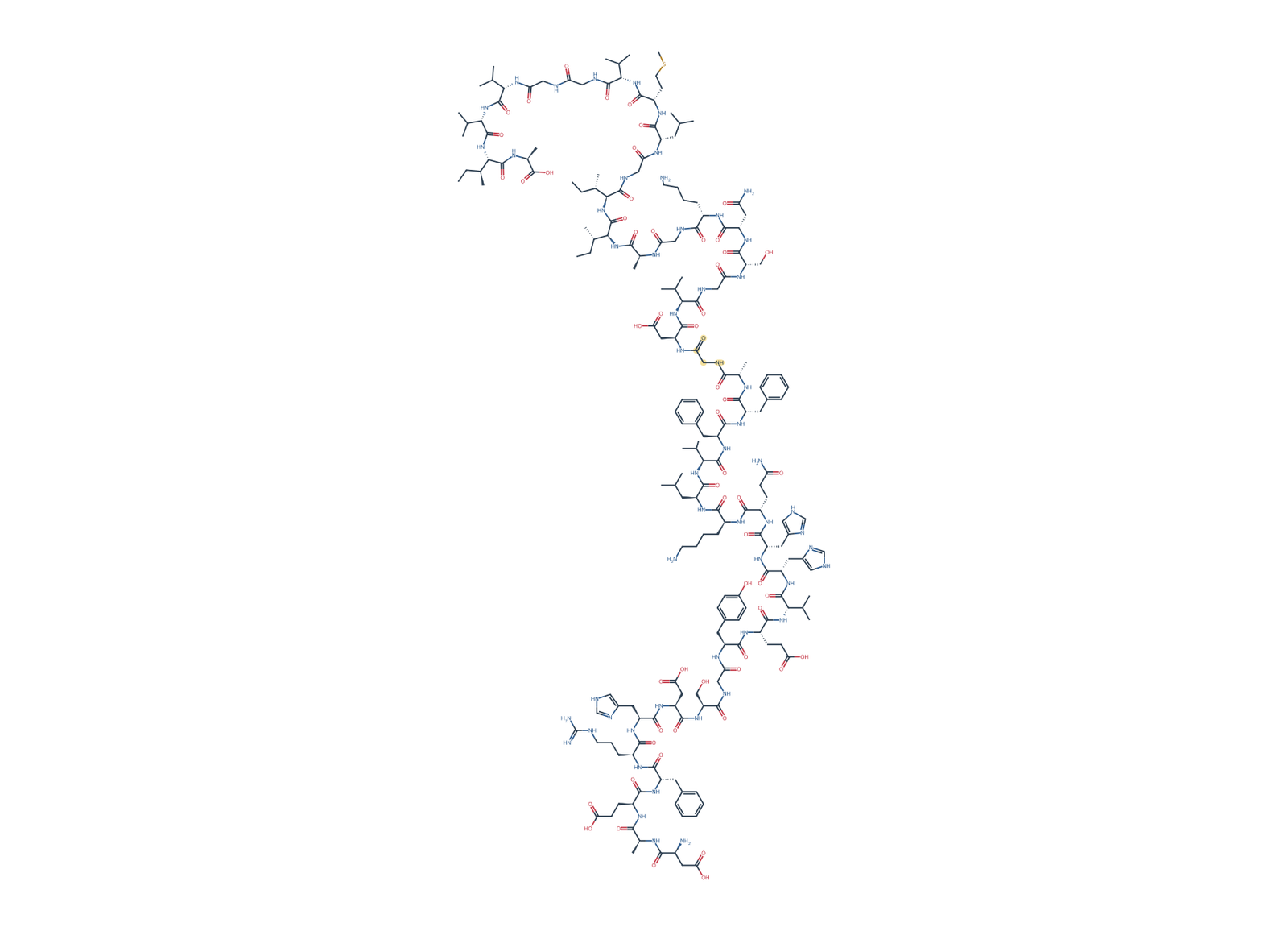 Sequence-derived 2D chemical structure of Beta-Amyloid (1–42), E22G, 42 amino-acid residues. G22 is highlighted in gold.