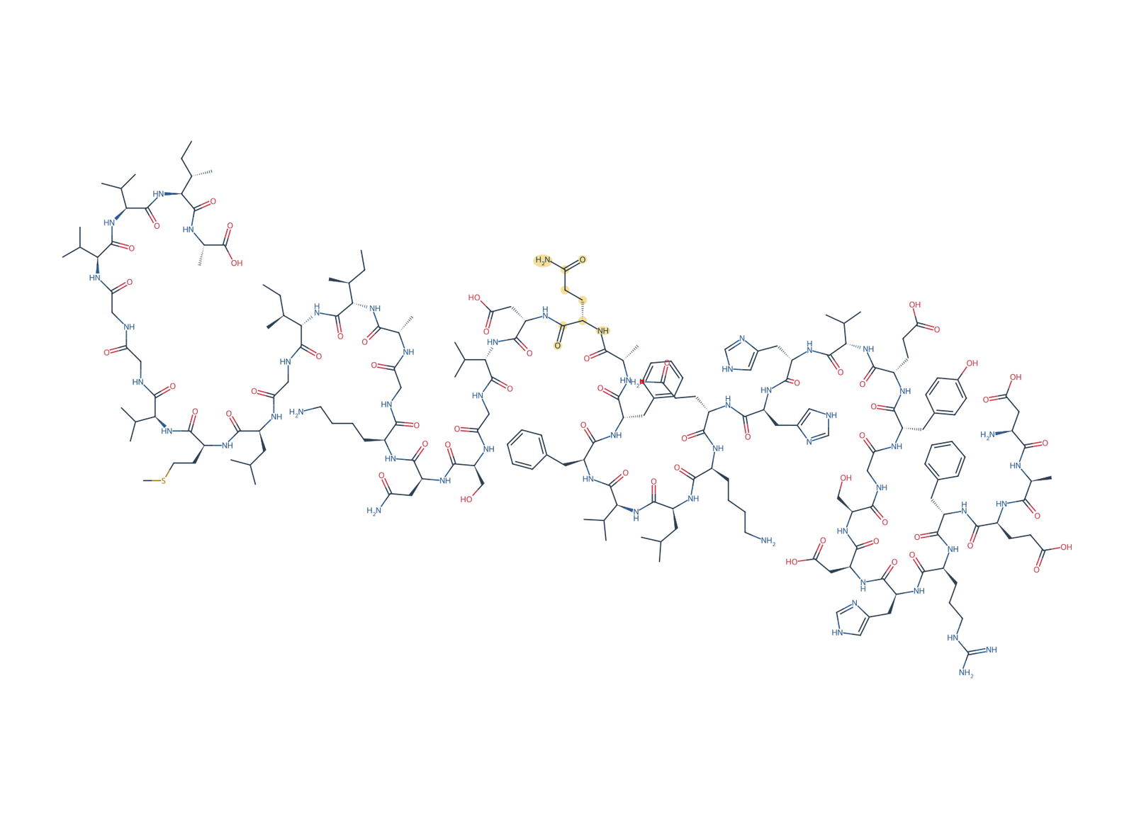 Sequence-derived 2D chemical structure of Beta-Amyloid (1–42), E22Q, 42 amino-acid residues. Q22 is highlighted in gold.