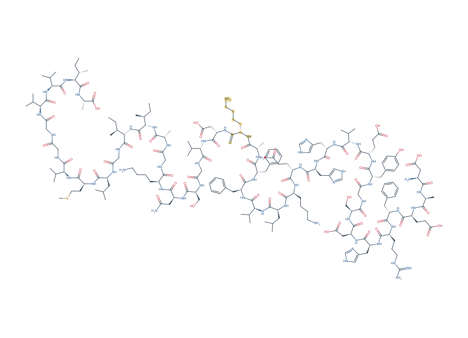 Sequence-derived 2D chemical structure of Beta-Amyloid (1–42), E22K, 42 amino-acid residues. K22 is highlighted in gold.