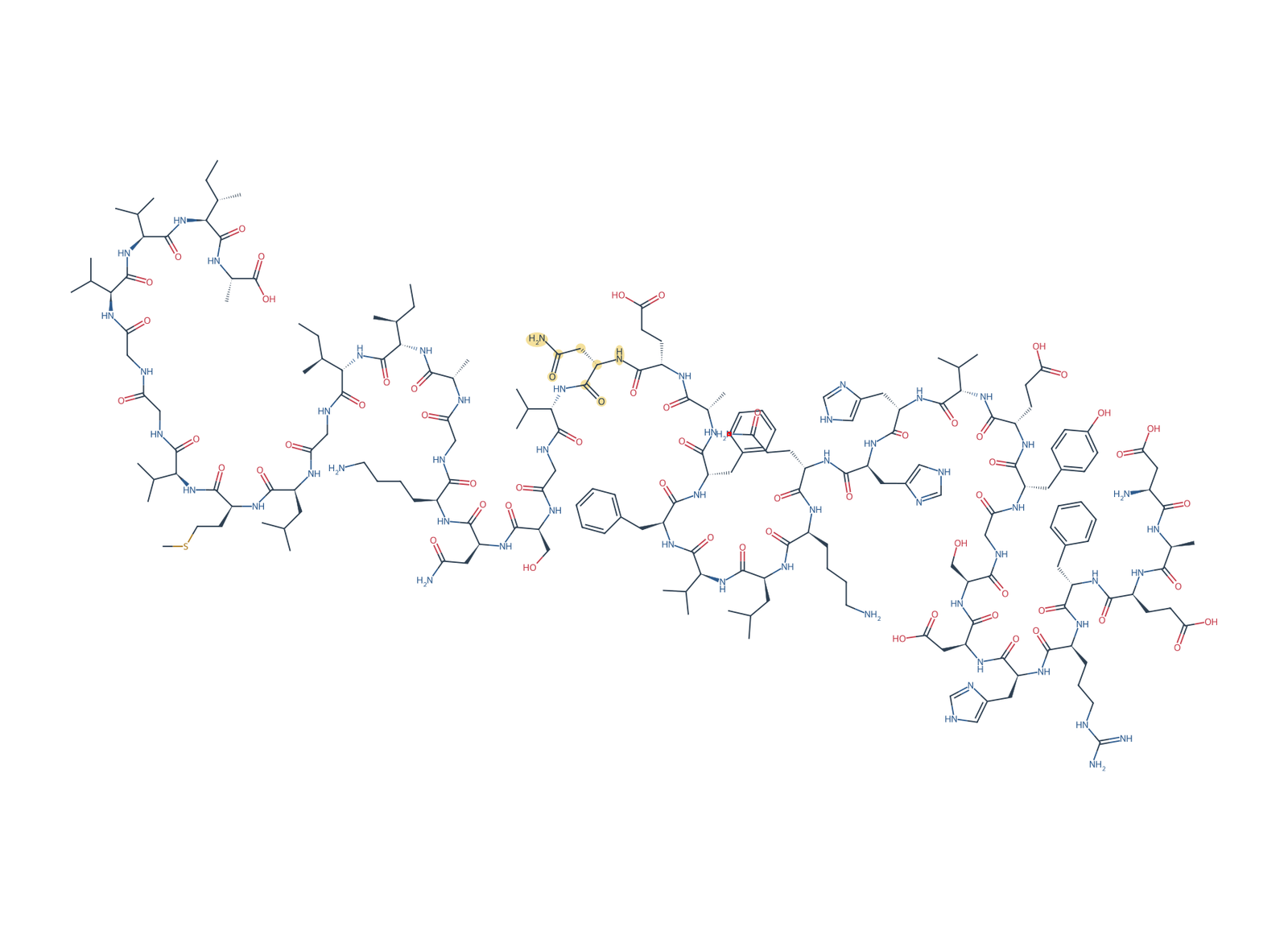 Sequence-derived 2D chemical structure of Beta-Amyloid (1–42), D23N, 42 amino-acid residues. N23 is highlighted in gold.