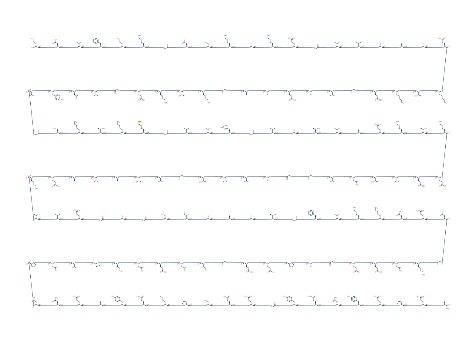 Sequence-derived 2D chemical structure of Alpha-Synuclein (1–140), E46K, 140 amino-acid residues. K46 is highlighted in gold.