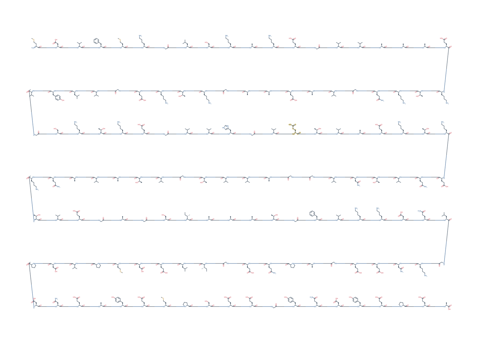 Sequence-derived 2D chemical structure of Alpha-Synuclein (1–140), A53E, 140 amino-acid residues. E53 is highlighted in gold.